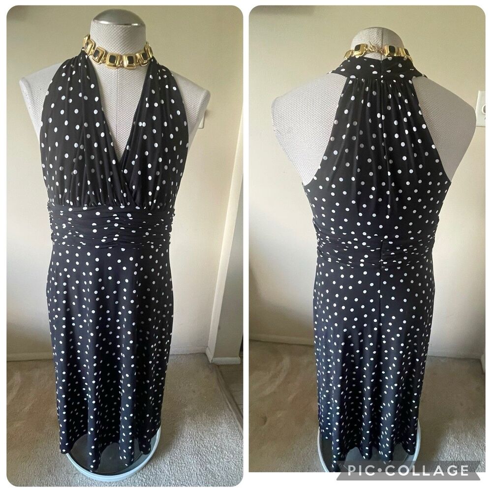 Evan Picone Dress Black White Polka Dots Ruched V-Neck Halter Dress 8 Wedding